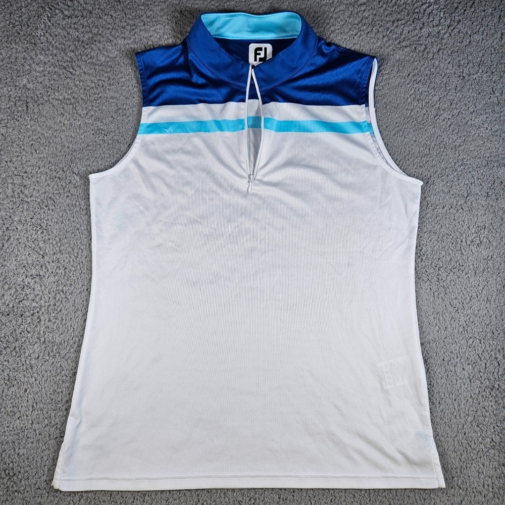 FootJoy Women's Sleeveless Golf Polo Shirt 1/4‎ Zip Mock Neck Blue White Striped